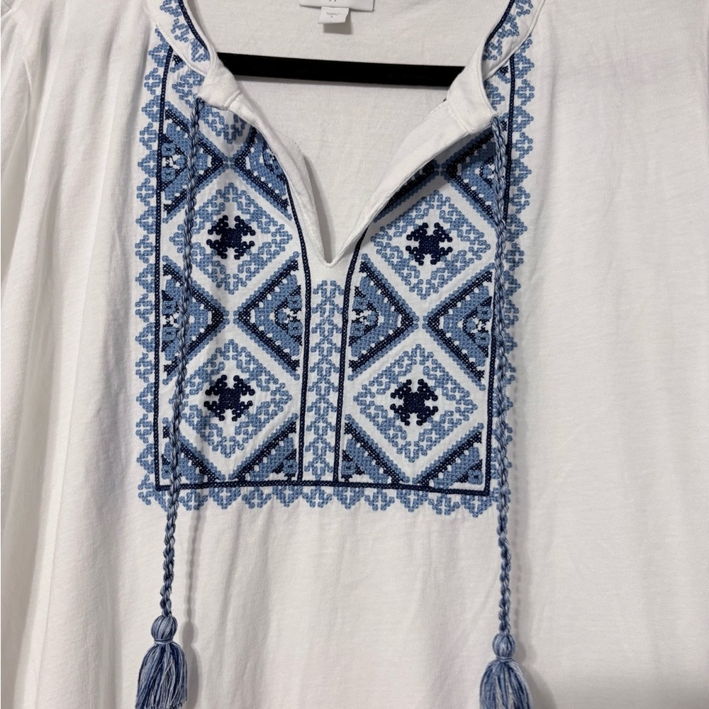 J. Jill Women’s White Blue Cross-stitch Embroidered Tunic Tassels Boho Peasant L - Picture 2 of 13